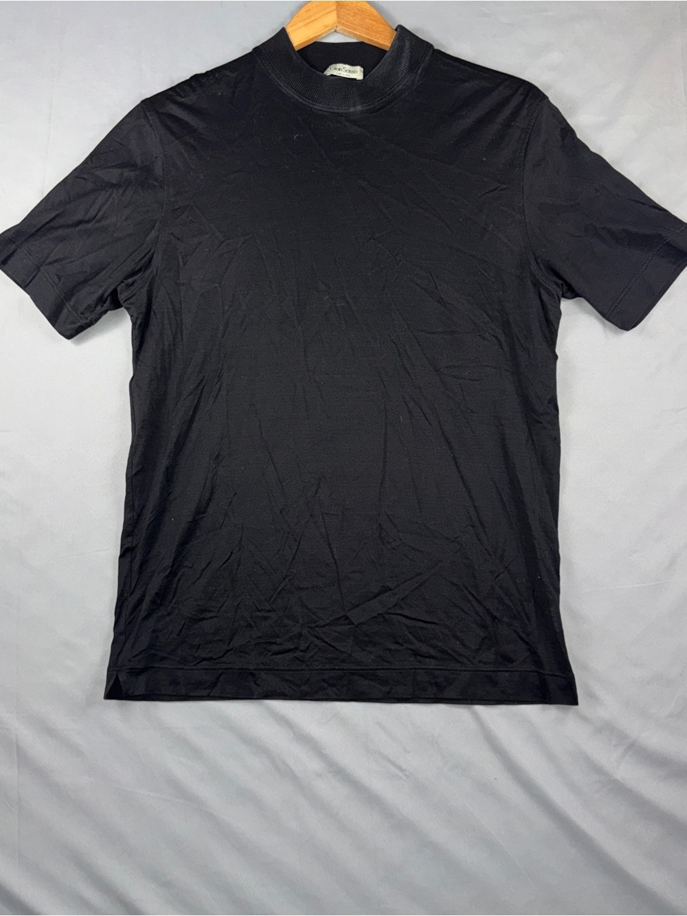 Gran Sasso Shirt Mens IT 46 Black Mock Neck Cotton Tee Made Italy Casual Top